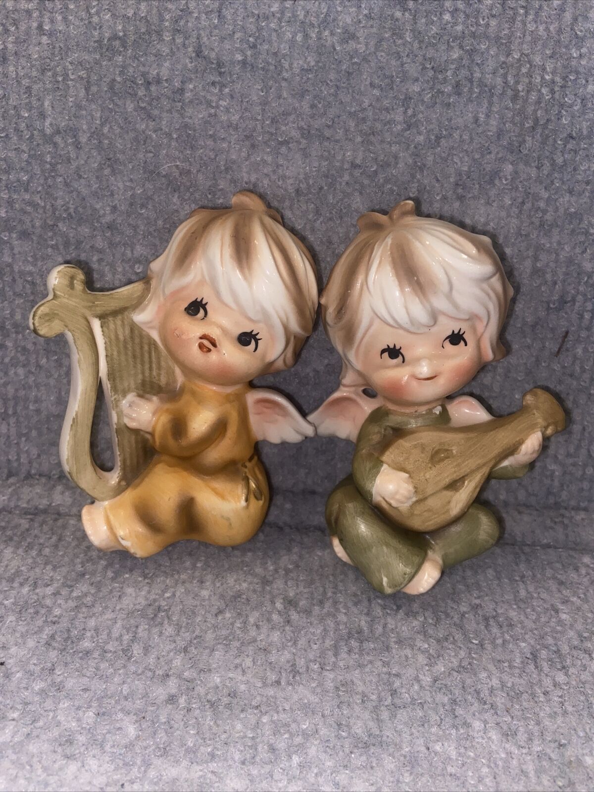 T27-Set Of 2 Vintage Ceramic Angels Playing Guitar & Harp Figurines 4”