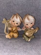 T27-Set Of 2 Vintage Ceramic Angels Playing Guitar & Harp Figurines 4” picture