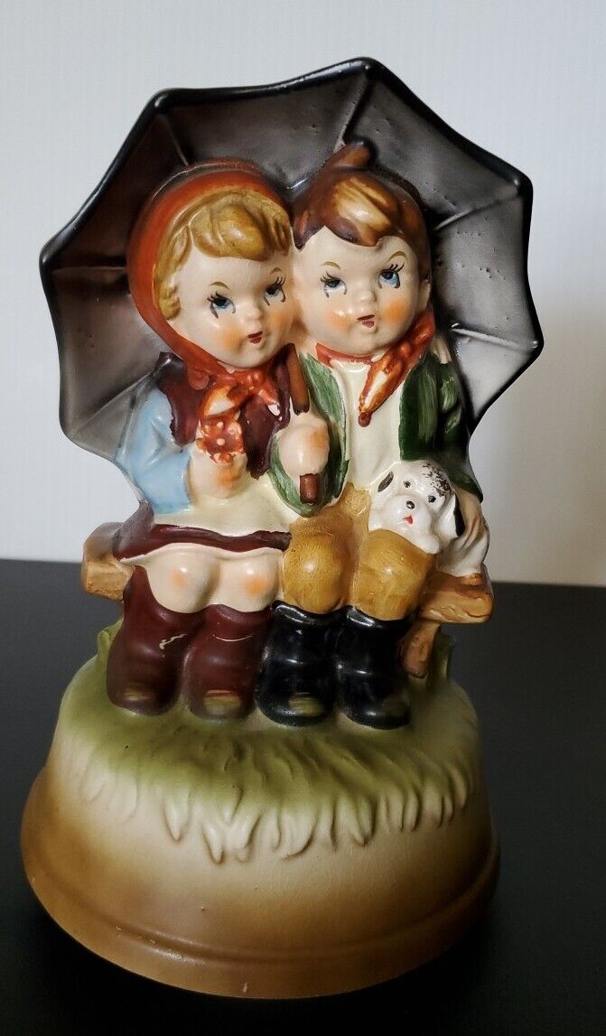 Vintage Boy & Girl Under Umbrella Hummel Style Revolving Music Box