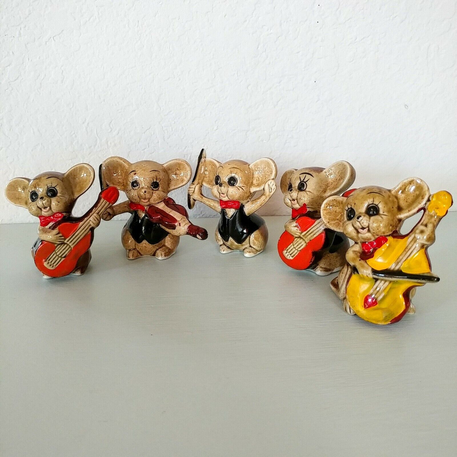 5 Vintage Ardco Mice Musicians Figurines Guitar Bass Violin Collectible Mouse 