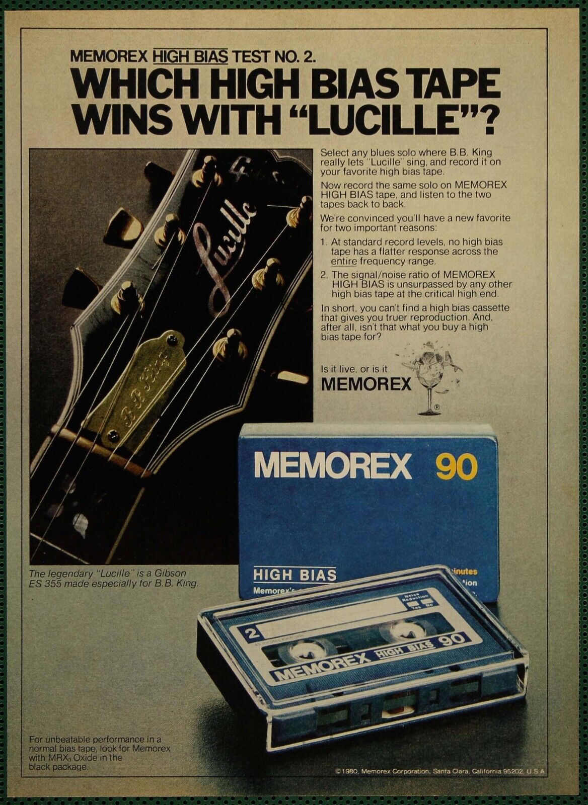 Memorex Cassette Tape B.B. King Lucille Gibson Guitar Vintage Print Ad 1980
