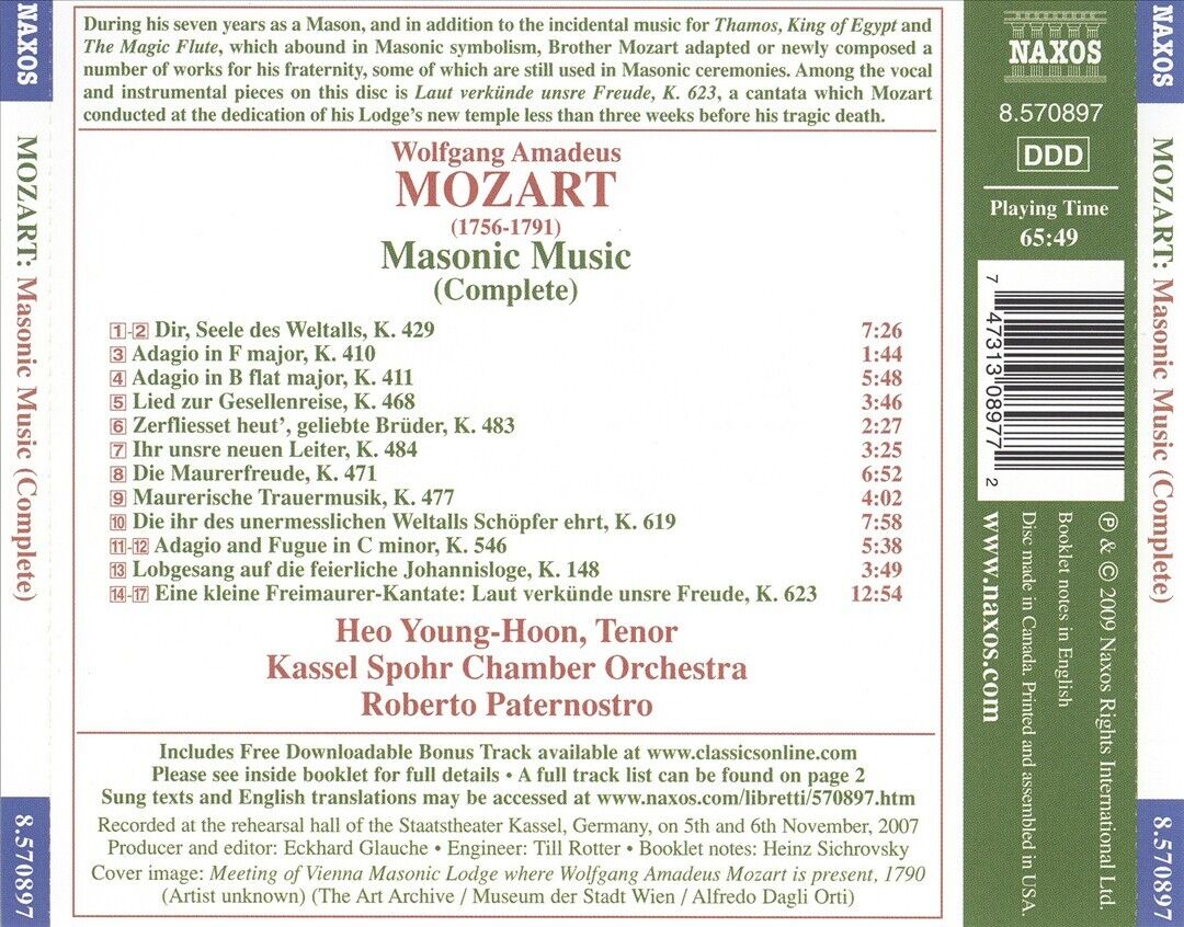 MOZART: MASONIC MUSIC (COMPLETE) NEW CD