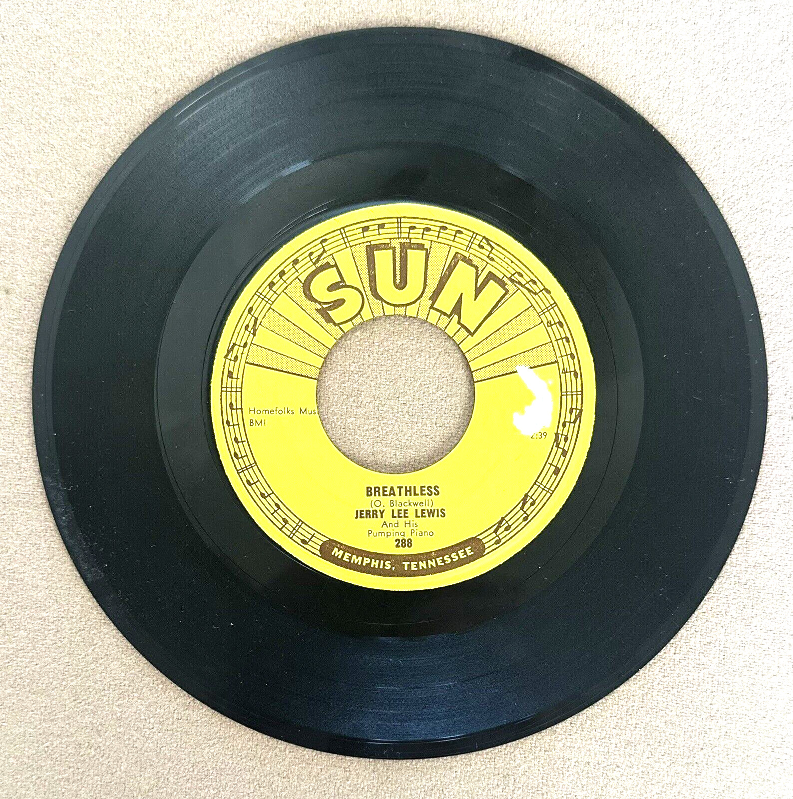 RARE FIND 1958 JERRY LEE LEWIS SUN RECORDS 45 RPM SINGLE RECORD  BREATHLESS
