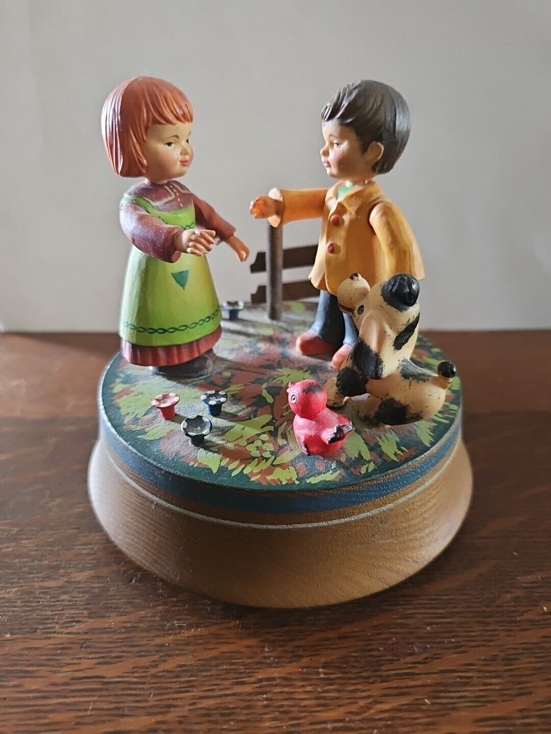 Vintage ANRI Boy & Girl  Spinning Wooden  Music Box Plays the song \