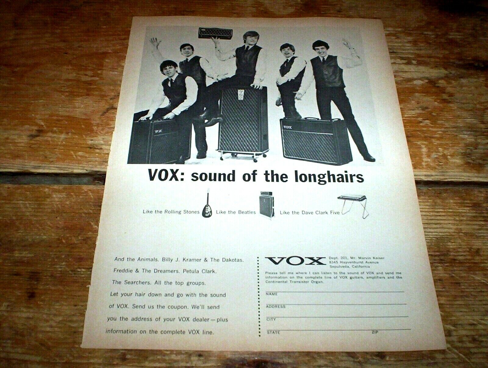 THE ROLLING STONES w/ BRIAN JONES ( VOX AMPLIFIERS ) Vintage 1965 PROMO Ad NM-