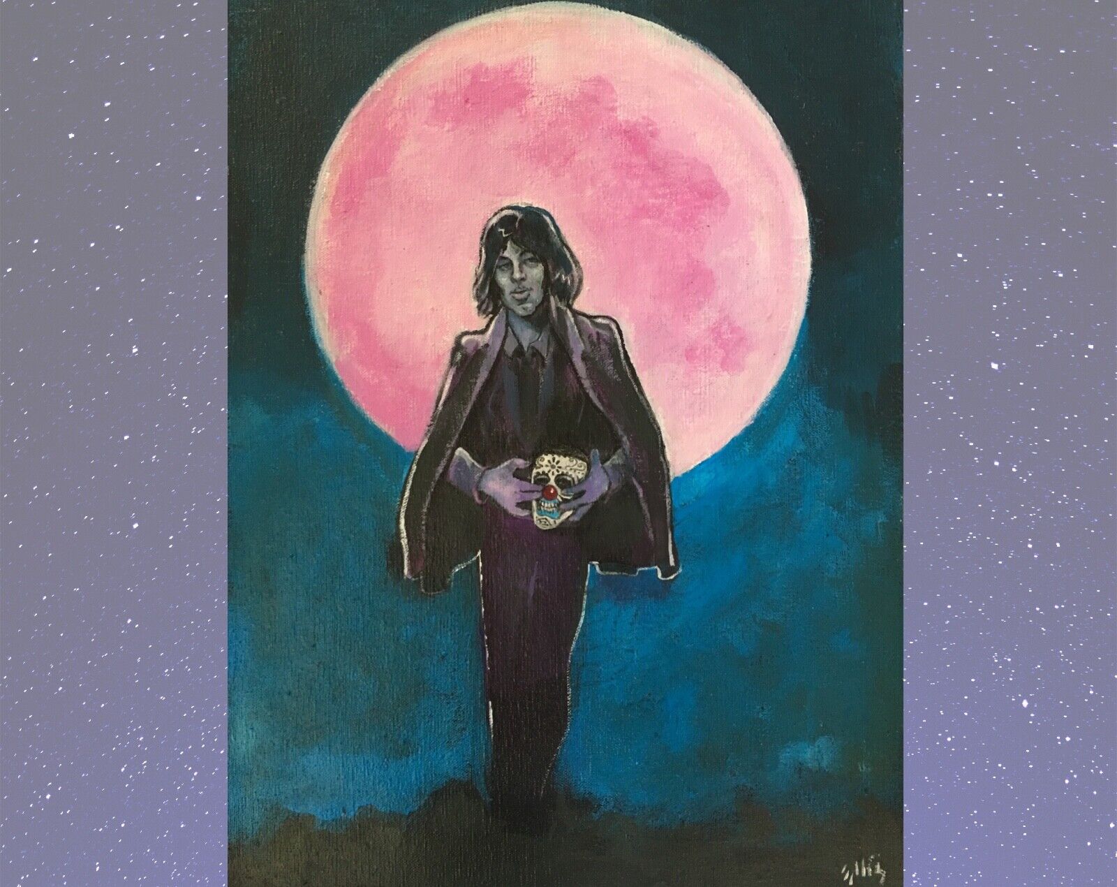 Original Painting By Chris Ellis Signed,Vintage Painting Of Nick Drake Pink Moon