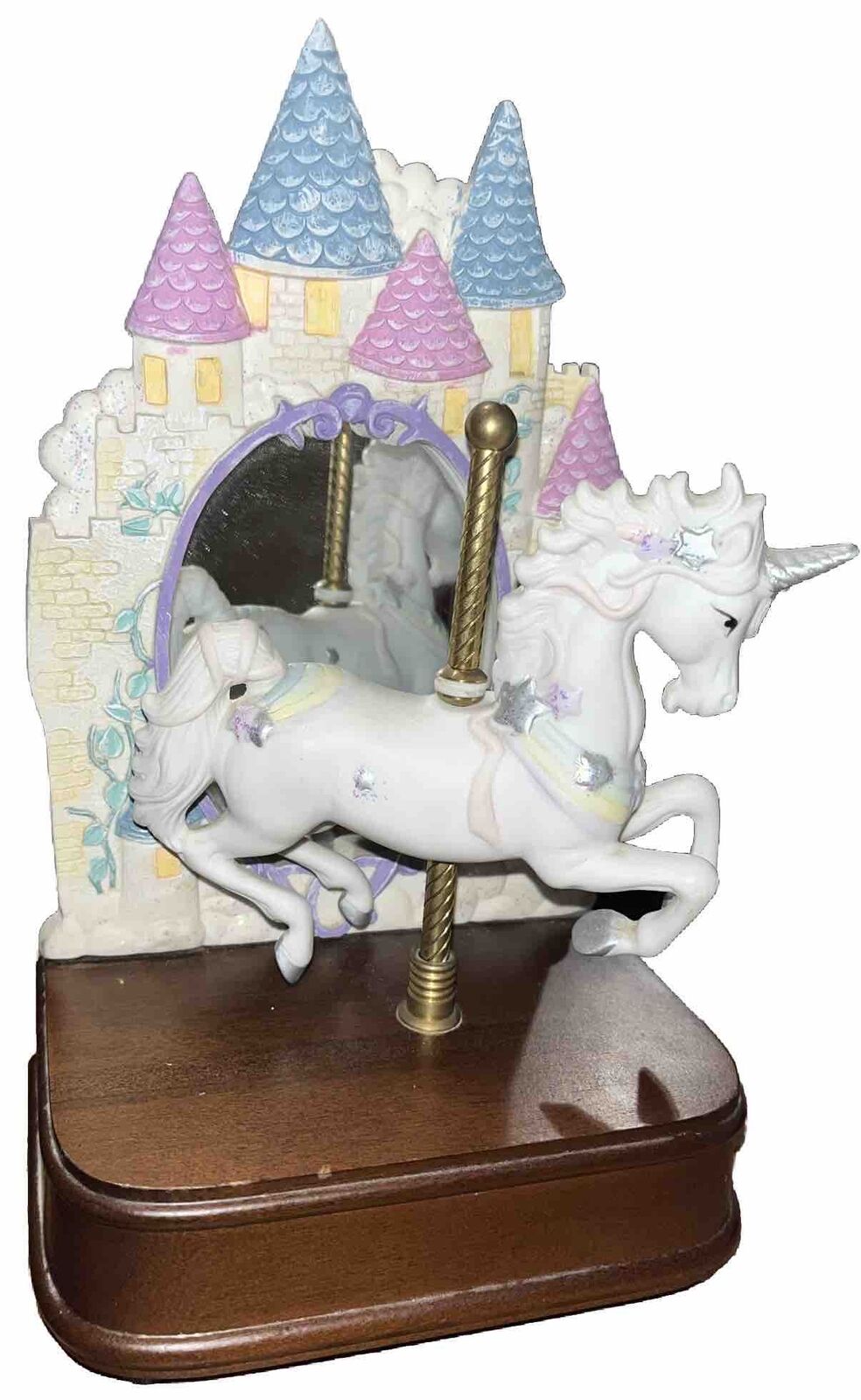 Vintage Musical Carousel Unicorn And Castle With Mirror Impulse Giftware 1990