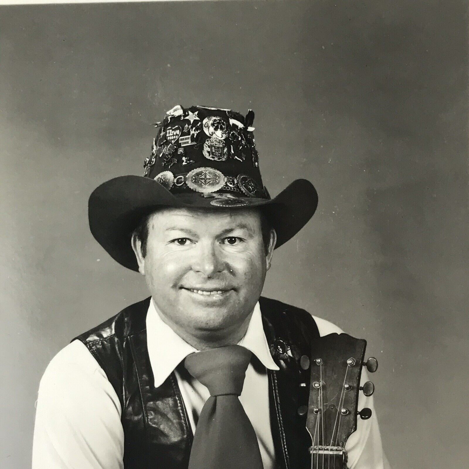 Vintage Black and White Photo Cowboy Holding Guitar 5 x 3.5 Inches