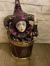 VINTAGE MARDI GRAS MUSIC BOX-Grand Casino. Jester On Purple Drum. Used 9” Tall. picture
