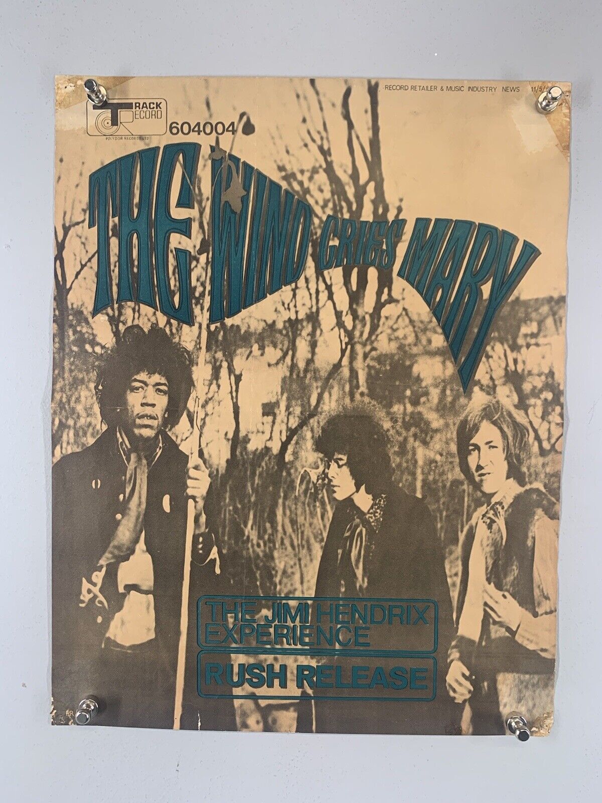 Jimi Hendrix Poster Original Vintage Track Record Promo The Wind Cries Mary 1967