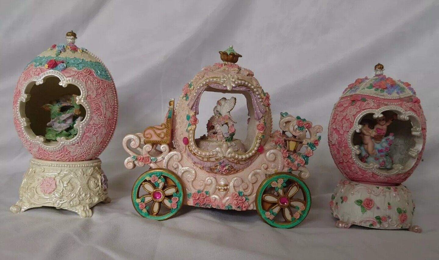 Lot Vintage Musical Carriage + 2 Faberge Egg Style Musical, Working, VGood Cond