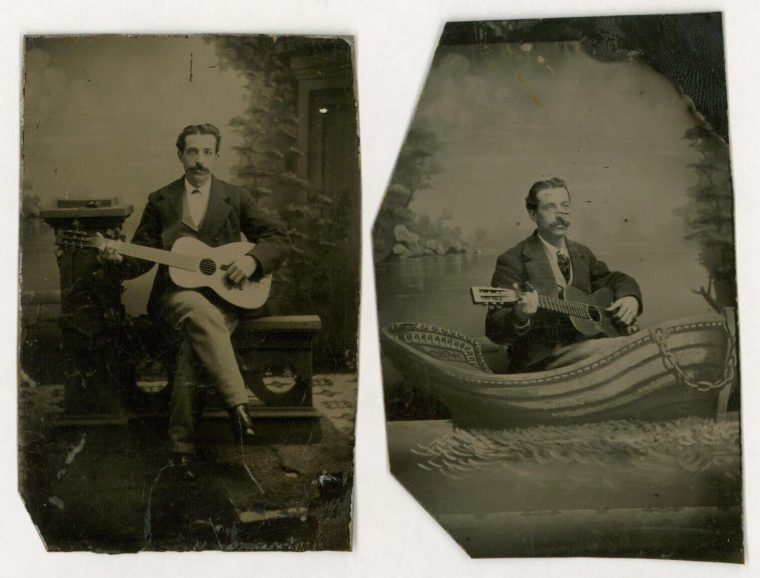 Two Tintypes of Man Playing Left-Hand Guitar In Different Studio Settings 1890s