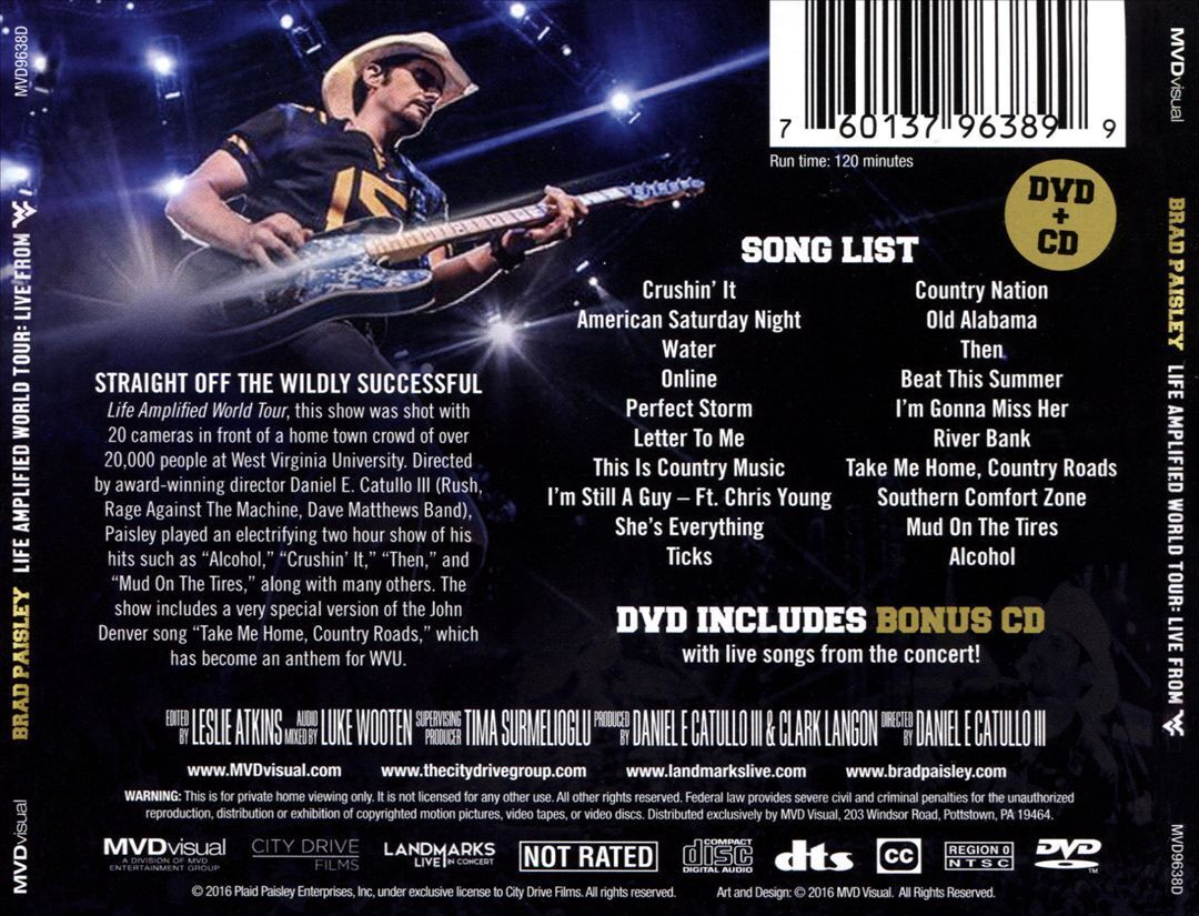 BRAD PAISLEY - LIFE AMPLIFIED WORLD TOUR: LIVE FROM WVU NEW CD