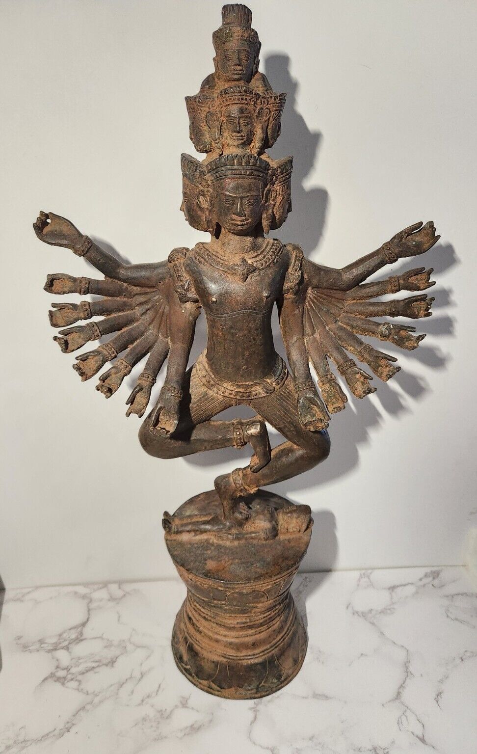 Thai Brass Dancing Hevajra Statue With 16 Arms And 8 Faces On Drum Shaped Base