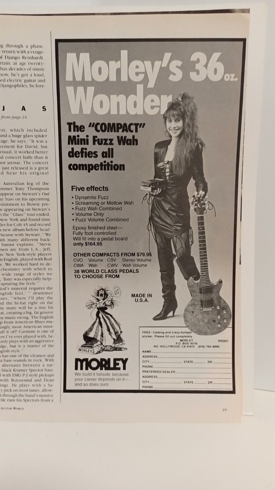 MORLEY GUITAR EFFECTS MINI FUZZ WAH  1989 - PRINT AD.  11X8.5   m1