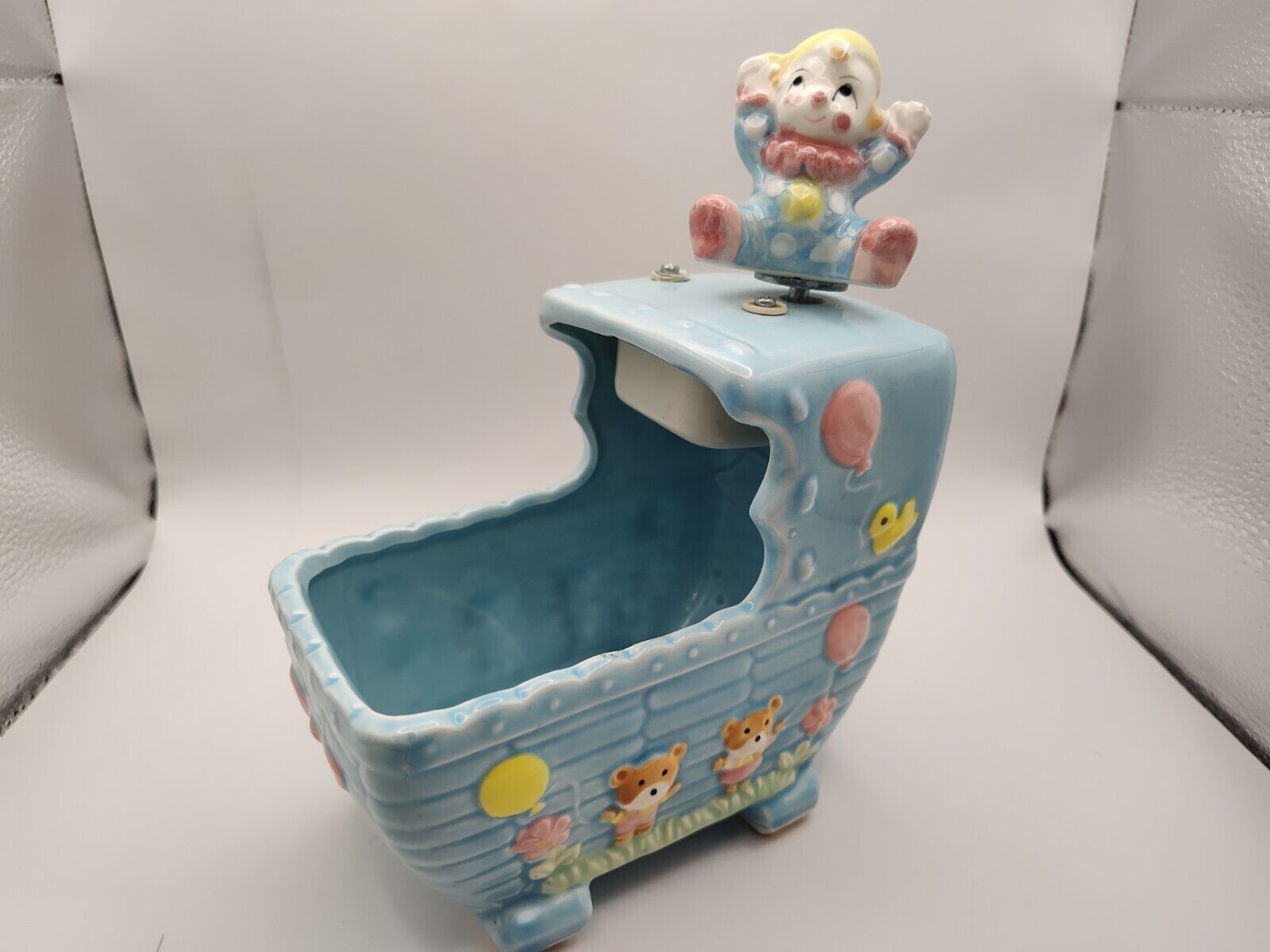 Vintage Ceramic Made In Taiwan Carriage Planter Blue Rock-a-bye Baby Music Box