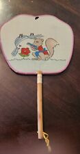 1970's Silk Hand Painted SQUIRREL Playing HARMONICA Paddle Fan 9