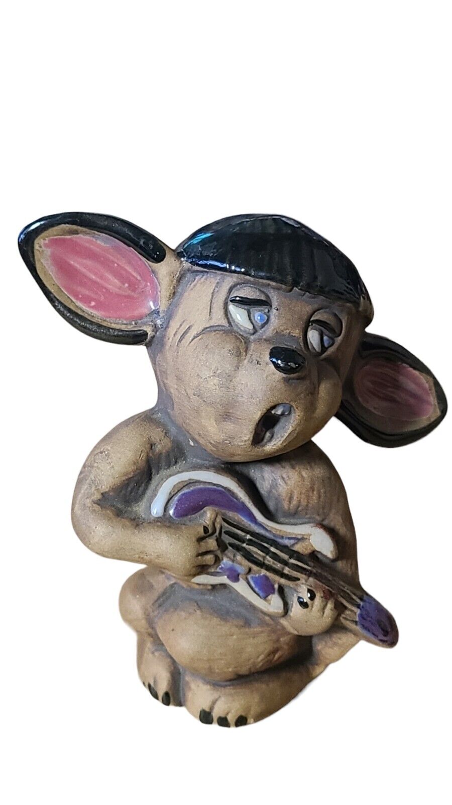 Vintage Ceramic/Clay Mouse Playing Guitar 407 USA 4.25\