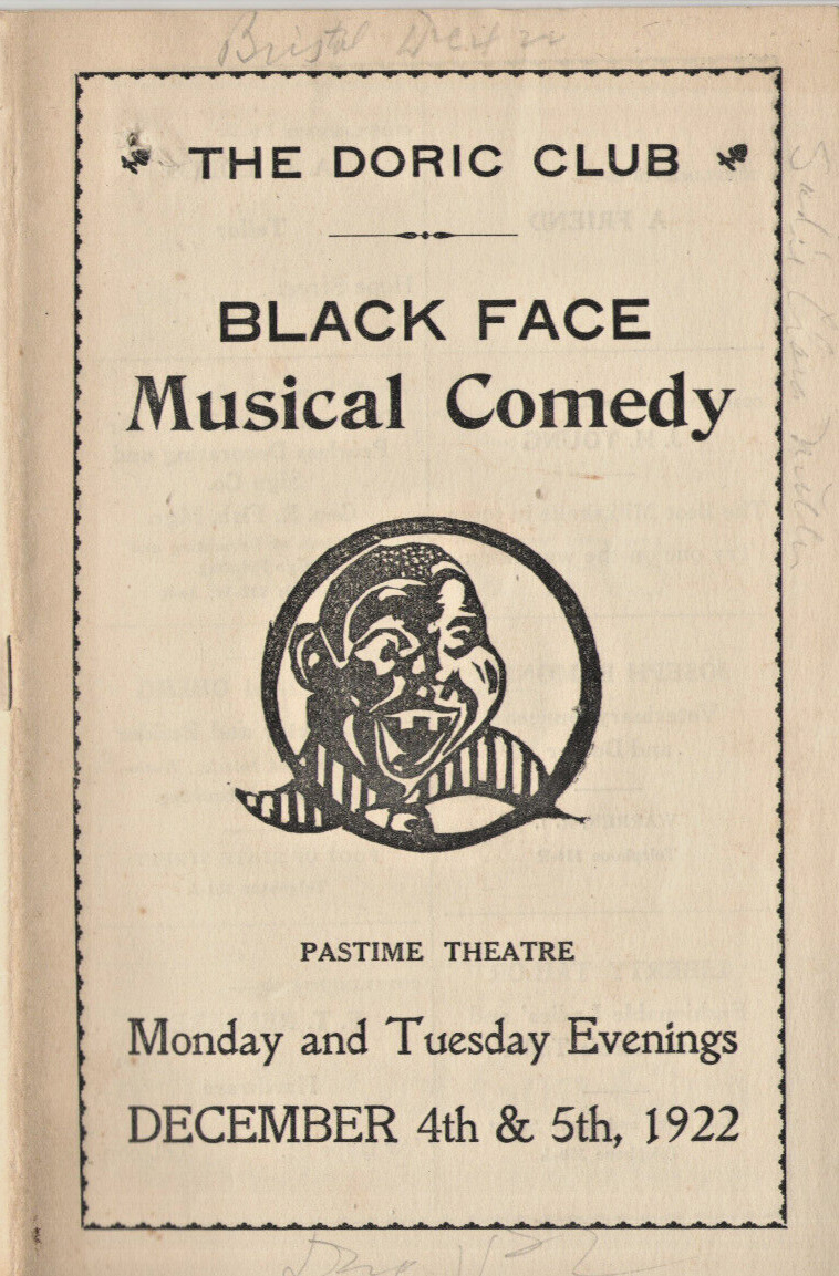 VTG 1922 'BLACK FACE MUSICAL COMEDY' THEATER PROGRAM DORIC CLUB, RHODE ISLAND