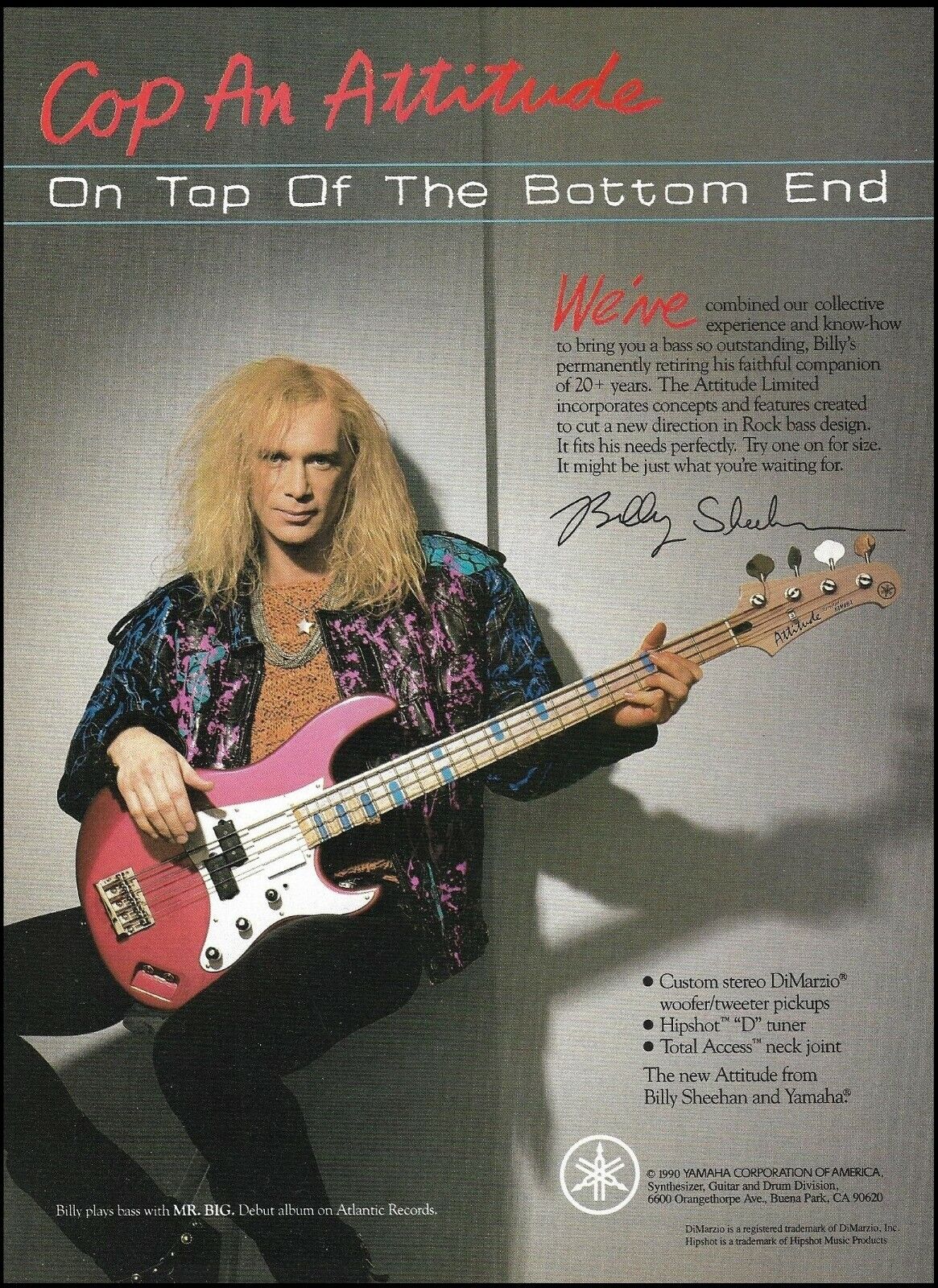 Billy Sheehan 1990 Yamaha Attitude Limited Bass guitar advertisement ad print