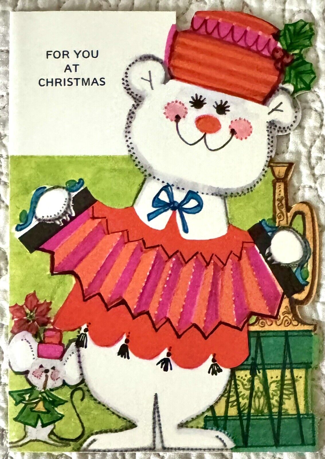 Unused Christmas Bear Accordion Mouse Music Vintage Greeting Card 1960s 1970s