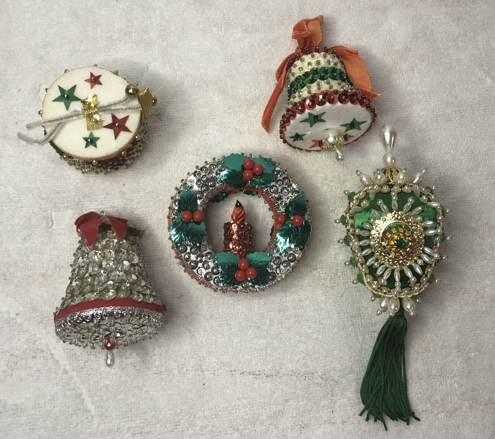 Lot Of 5 Vintage Handmade Pincushion Christmas Tree Ornament Wreath Bell Drum