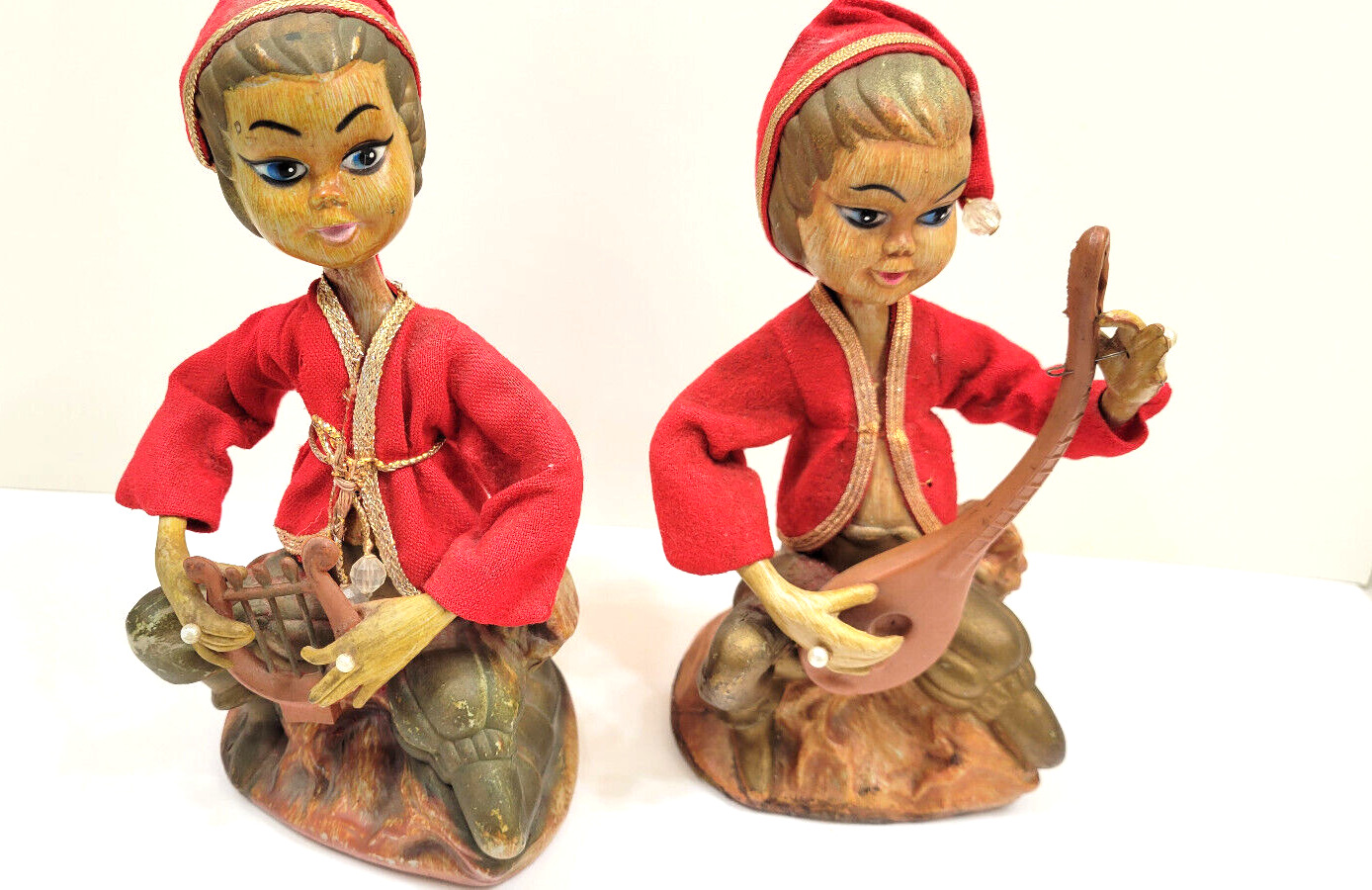 Vintage Asian PIXIE Elf Resin Playing The Pan Flute and Guitar 1960 Hong Kong