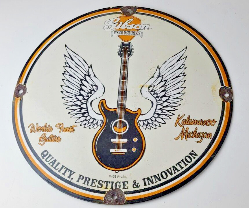 Vintage Gibson Guitars - Acoustic Electric Bass Store Porcelain Gas Station Sign