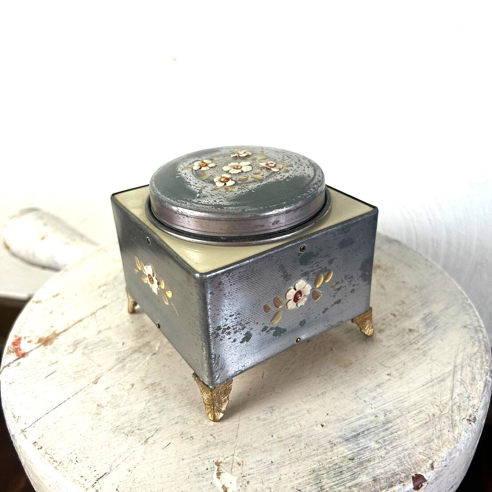 Vintage 1940s Music Box Powder Tea Caddy Square Shape Floral Silver Vanity Tin