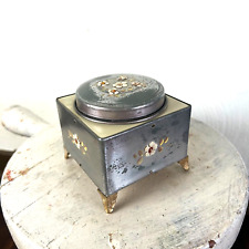Vintage 1940s Music Box Powder Tea Caddy Square Shape Floral Silver Vanity Tin picture
