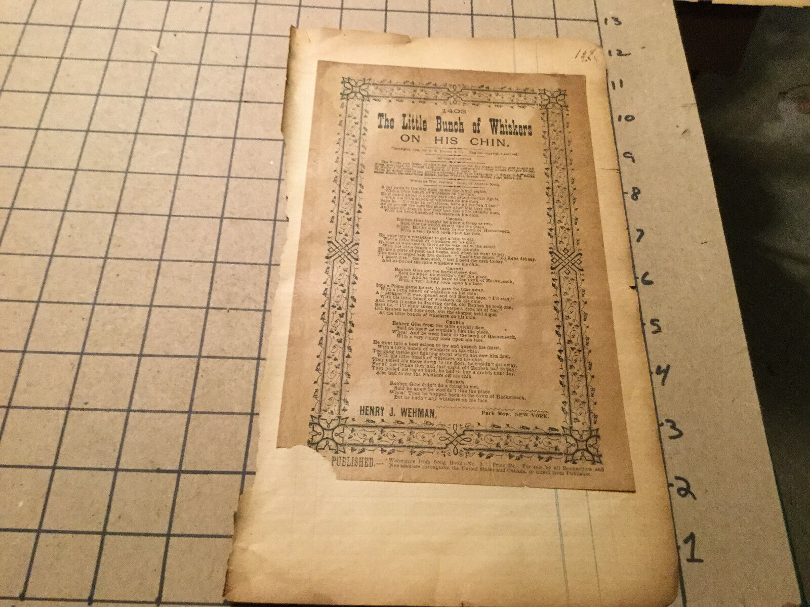 Original Song Lyrics BROADSIDE 1894 THE LITTLE BUNCH OF WHISKERS ON HIS CHIN