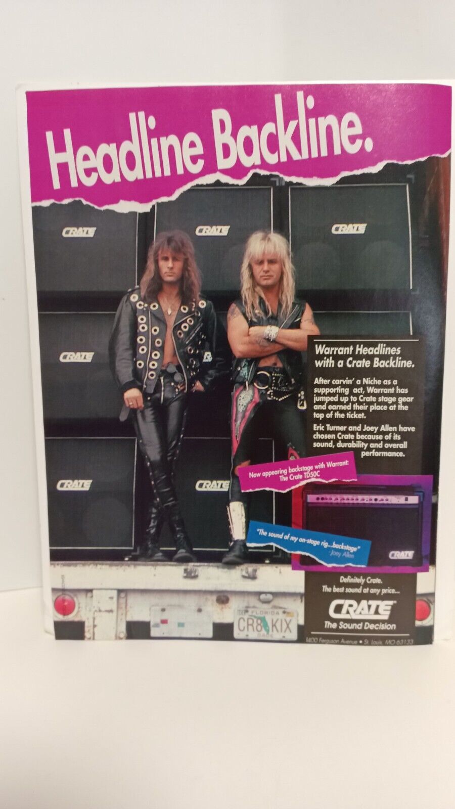 CRATE GUITAR AMPLIFIERS  ERIC TURNER OF WARRANT  , 11X8.5 - PRINT AD. x3