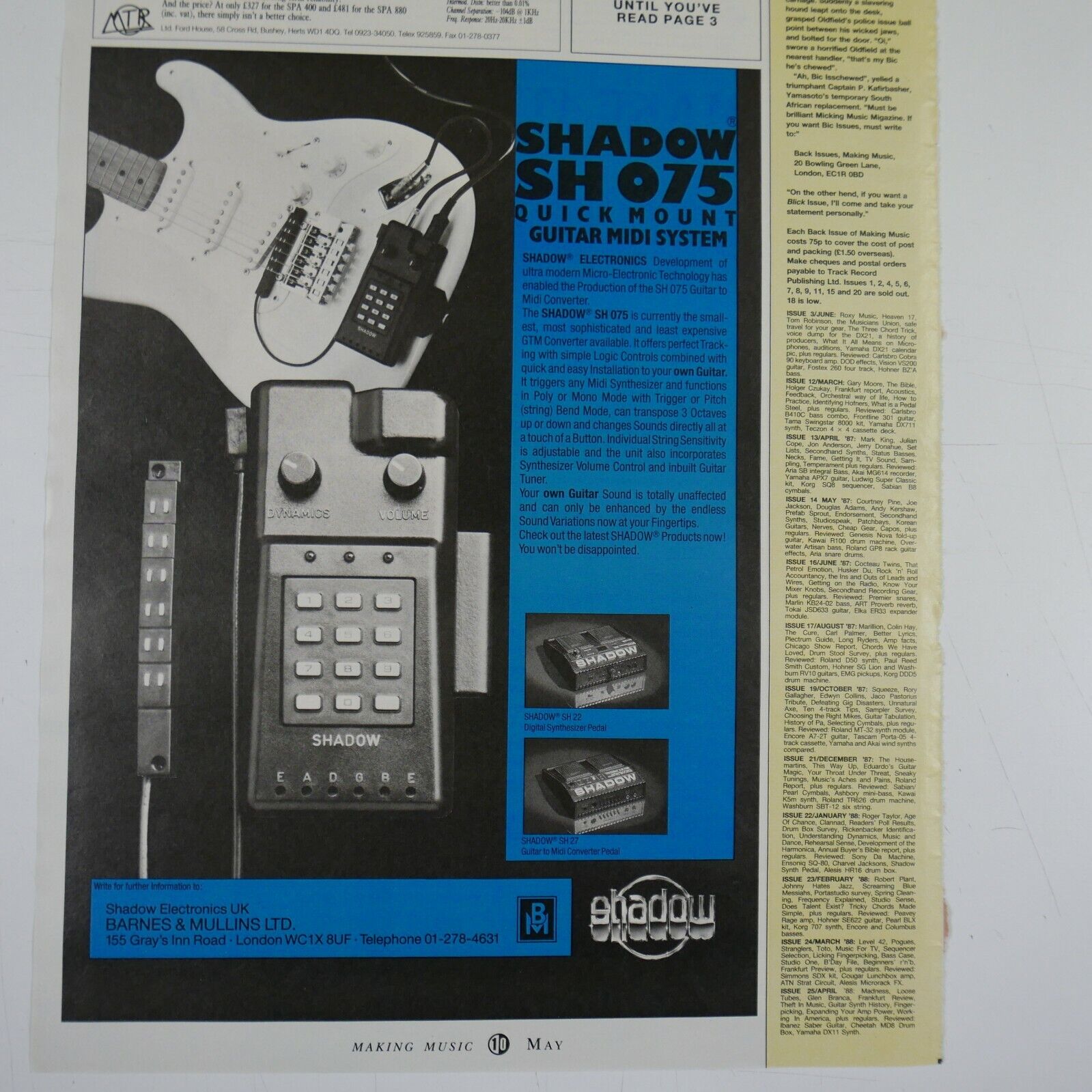 vintage 22x30cm magazine advert cutting SHADOW SH 075 MIDI GUITAR SYSTEM