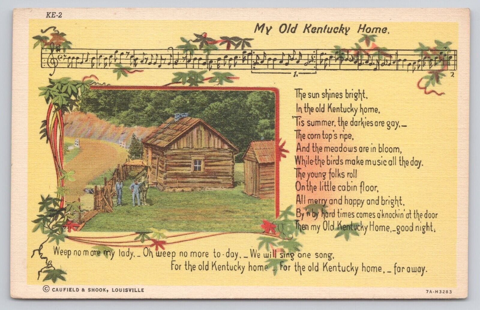 My Old Kentucky Home Song Music with Lyrics Vintage c1937 Unposted Postcard