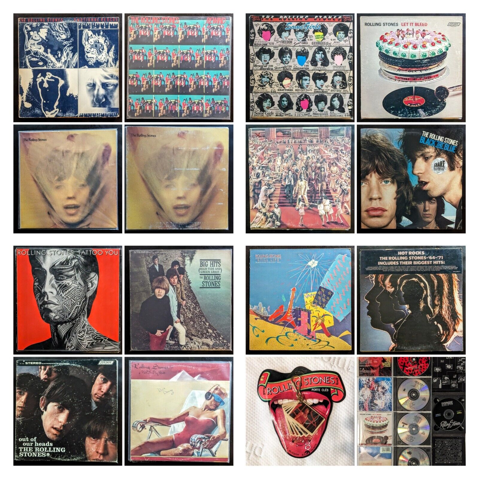 GREAT LOT Rolling Stones 14 Vinyl Albums Record Collection CDs 8 Track Key Chain