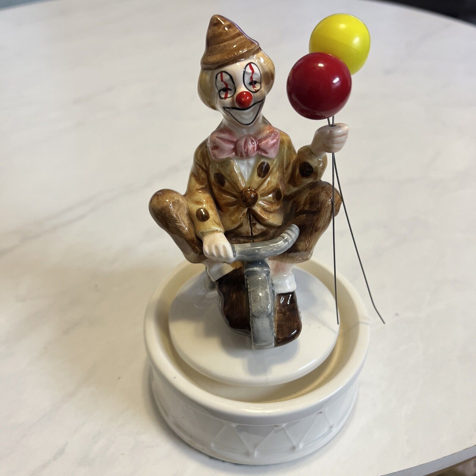 Vintage 1980\'s Ceramic Circus Clown Riding Tricycle Wind up Music Box