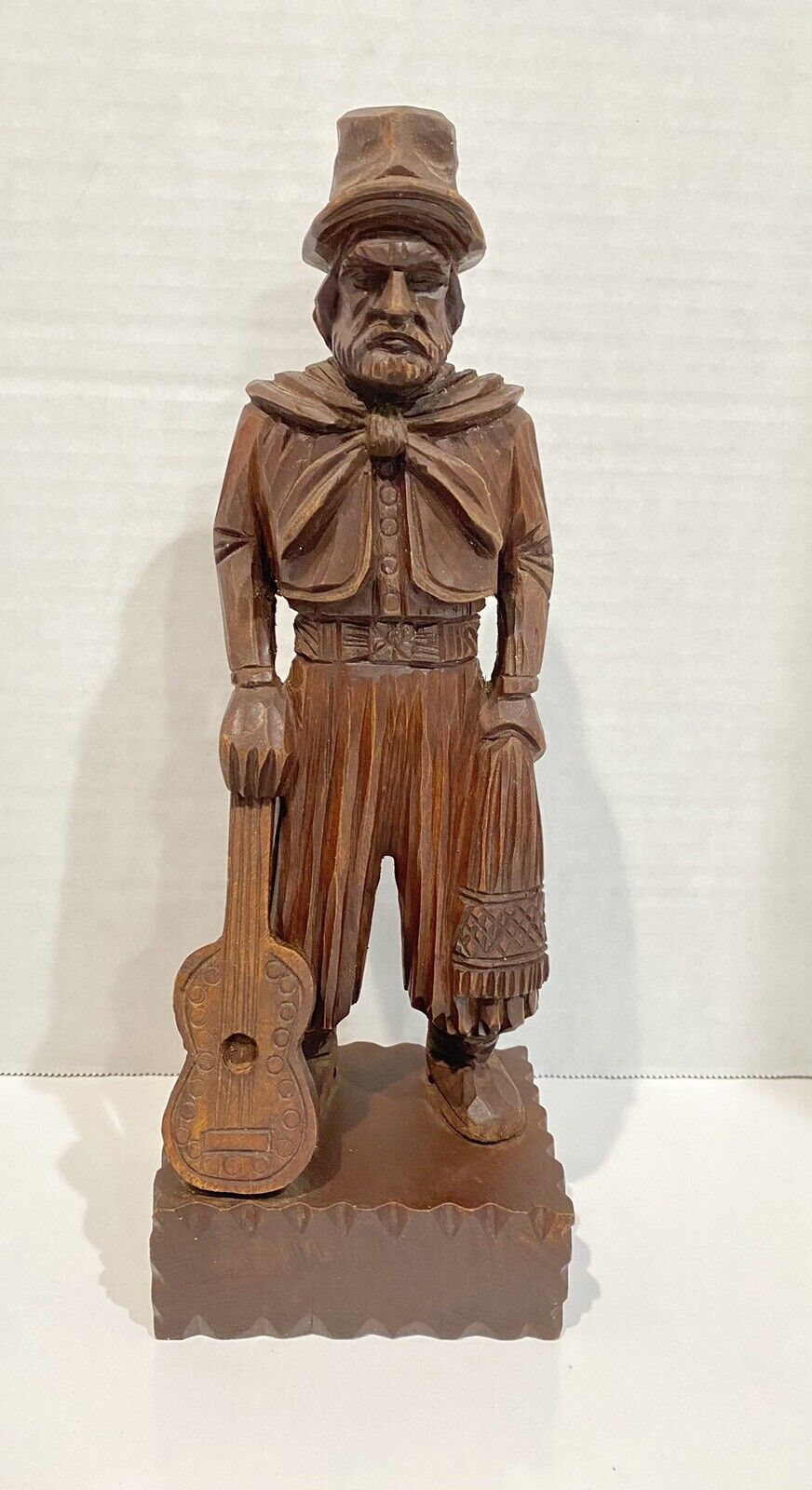 Vintage 11.5” Carved Wood Folk Art Figurine of South American Gaucho & Guitar