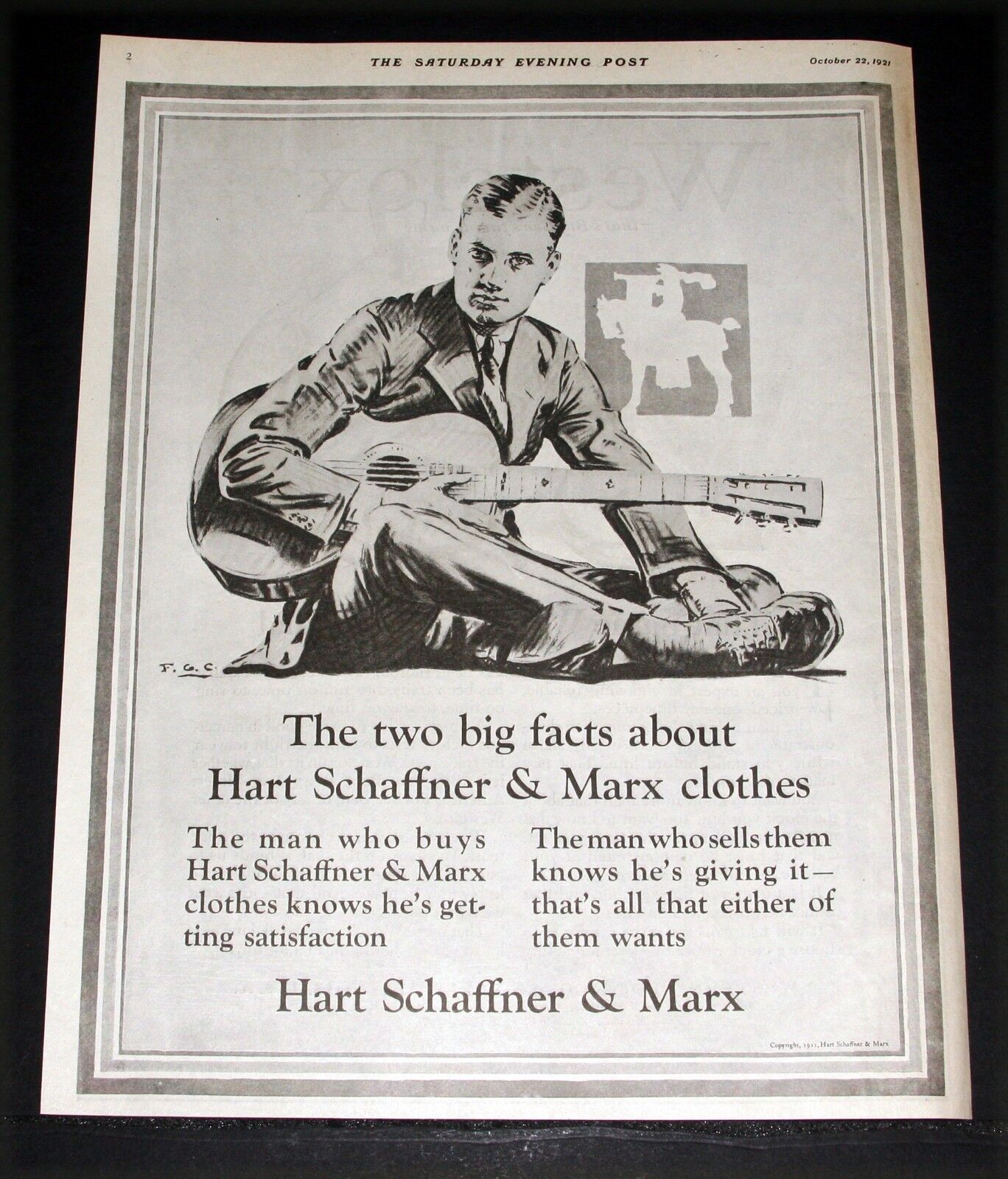 1921 OLD MAGAZINE PRINT AD, HART SCHAFFNER & MARX, TWO BIG FACTS, GUITAR ART
