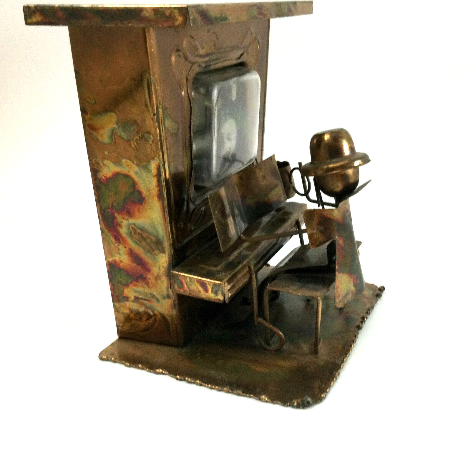Vintage Copper Tin Art Sculpture Music  Box Man Playing The Sting 6” Works