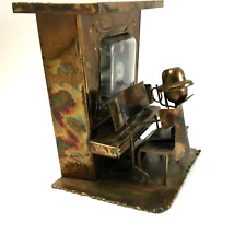Vintage Copper Tin Art Sculpture Music  Box Man Playing The Sting 6” Works picture