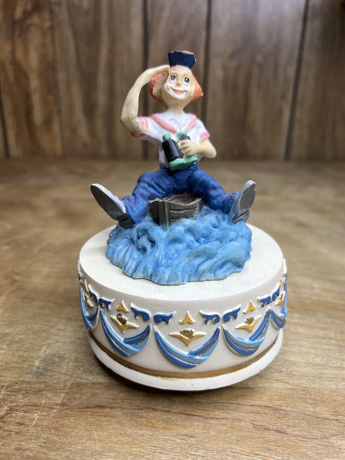 Vintage Music Box Sailor Clown on Boat Lost at Sea.. it Spins around- Plays Song