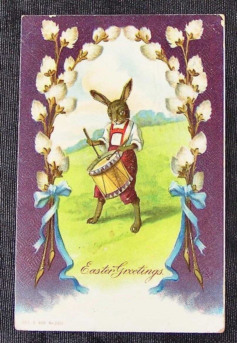 Antique Easter Postcard, Bunny Playing Drum