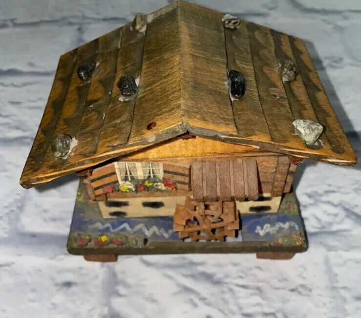 Vintage Music Trinket Box Swiss Cottage Chalet Edelweiss Switzerland Musical Box