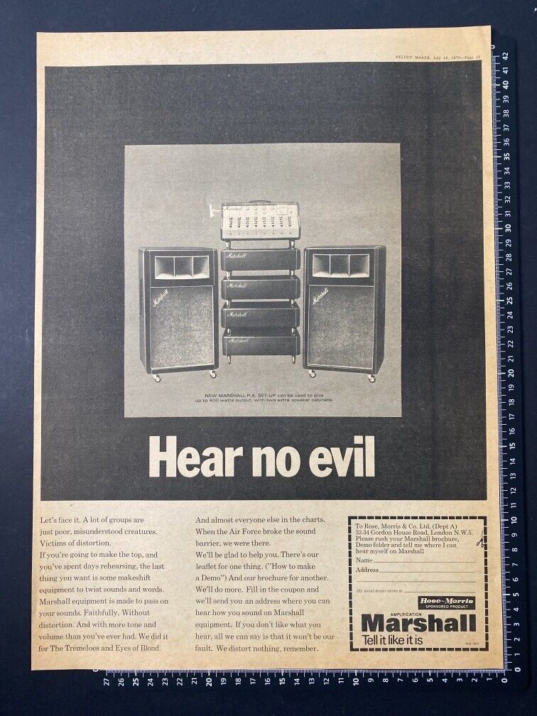 MARSHALL AMPS - HEAR NO EVIL - 1970 VINTAGE POSTER SIZE ADVERT Z1