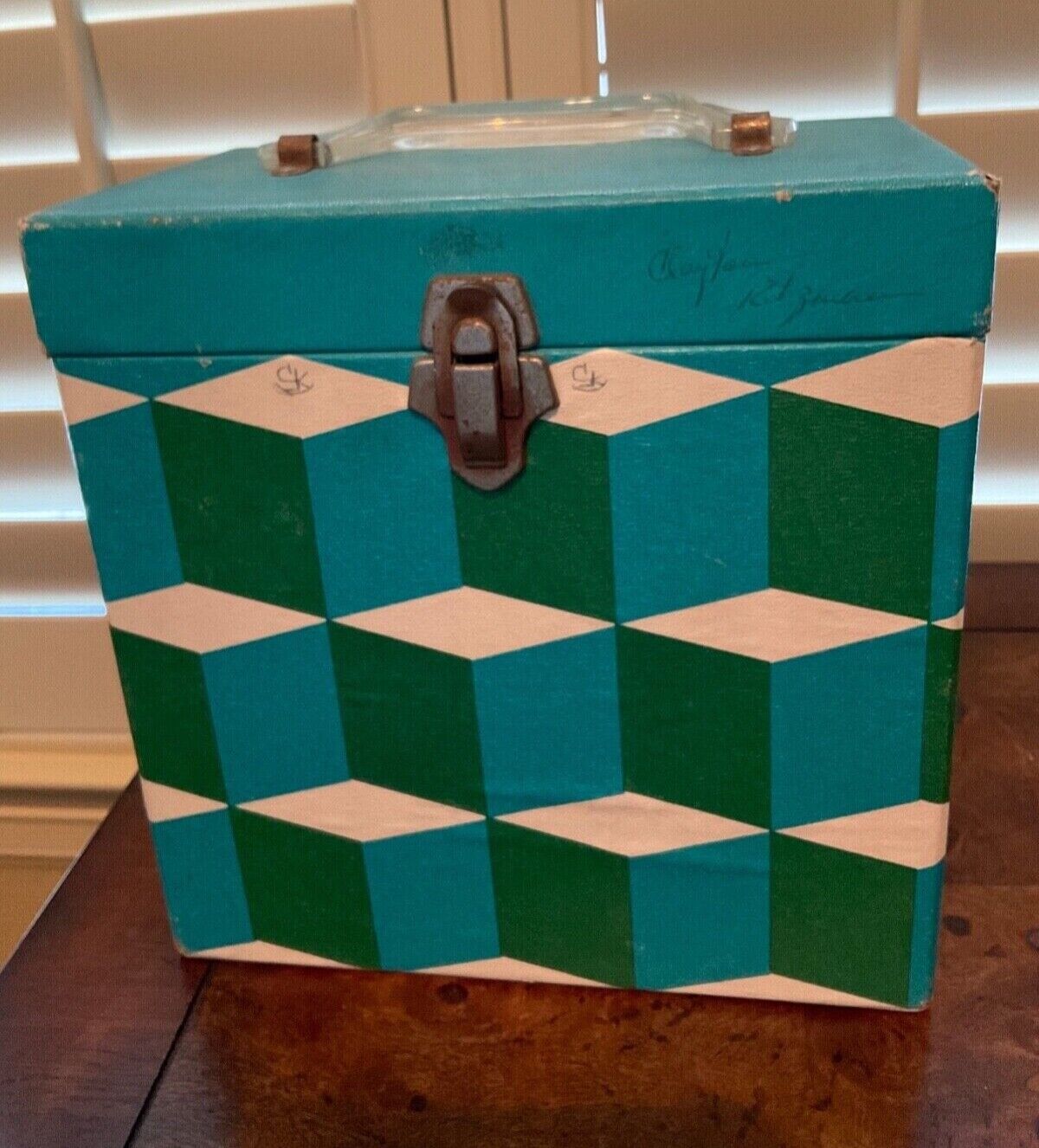 VTG 60s Psychedelic Record Case Green & White Abstract Cubes + 31 Records