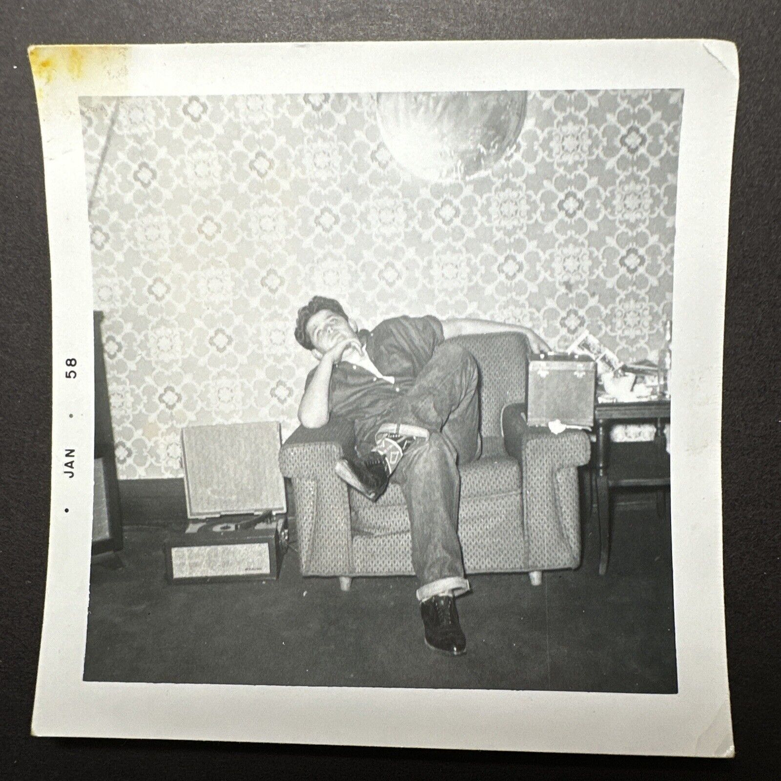 Idle Youth w Vinyl Record Player Original Vintage Photo 1950s Argyle Socks hunk