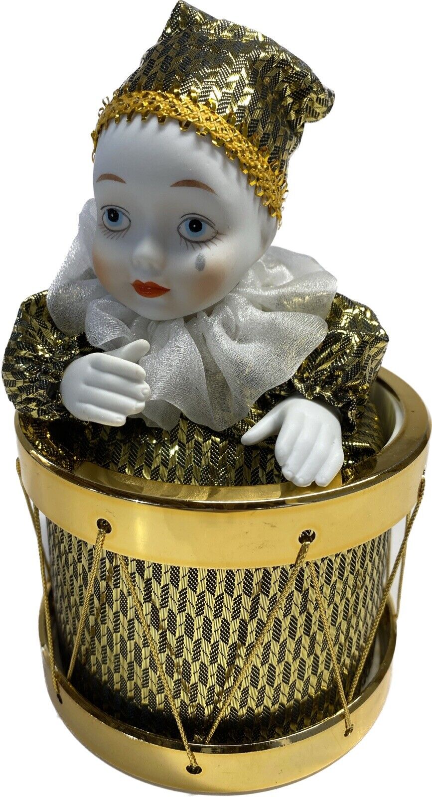 Vintage Westland Porcelain Musical Moving Clown Doll in Drum w Box Gold