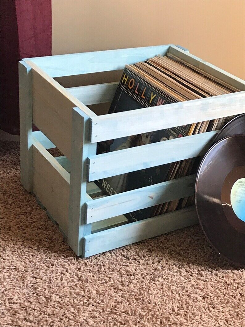 Darla's Studio 66 Vintage Blue Stained Record Holder Wooden Crate