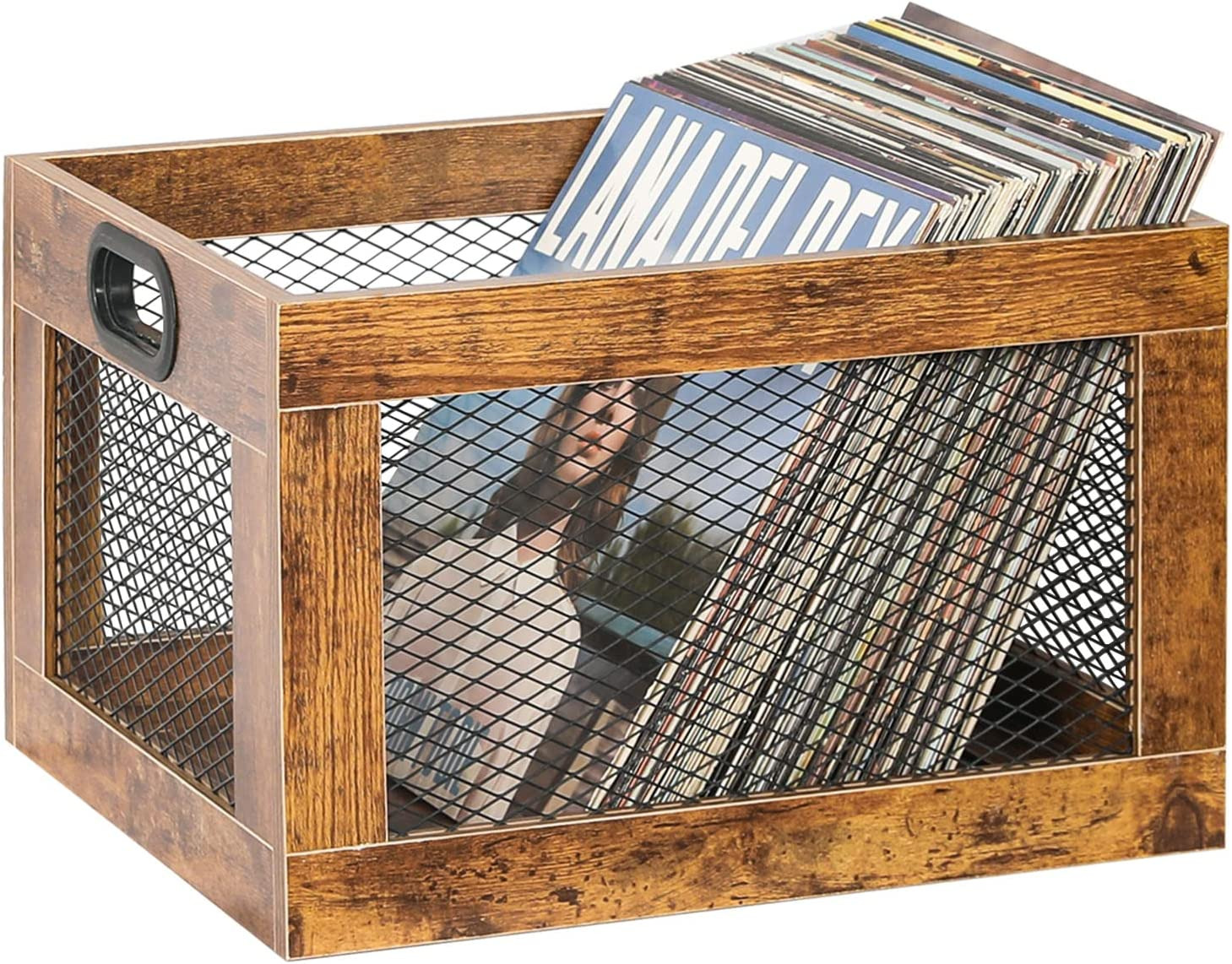 Wooden Vinyl Record Storage Crate, Classic Cube Organizer for 100+ Records, Brow