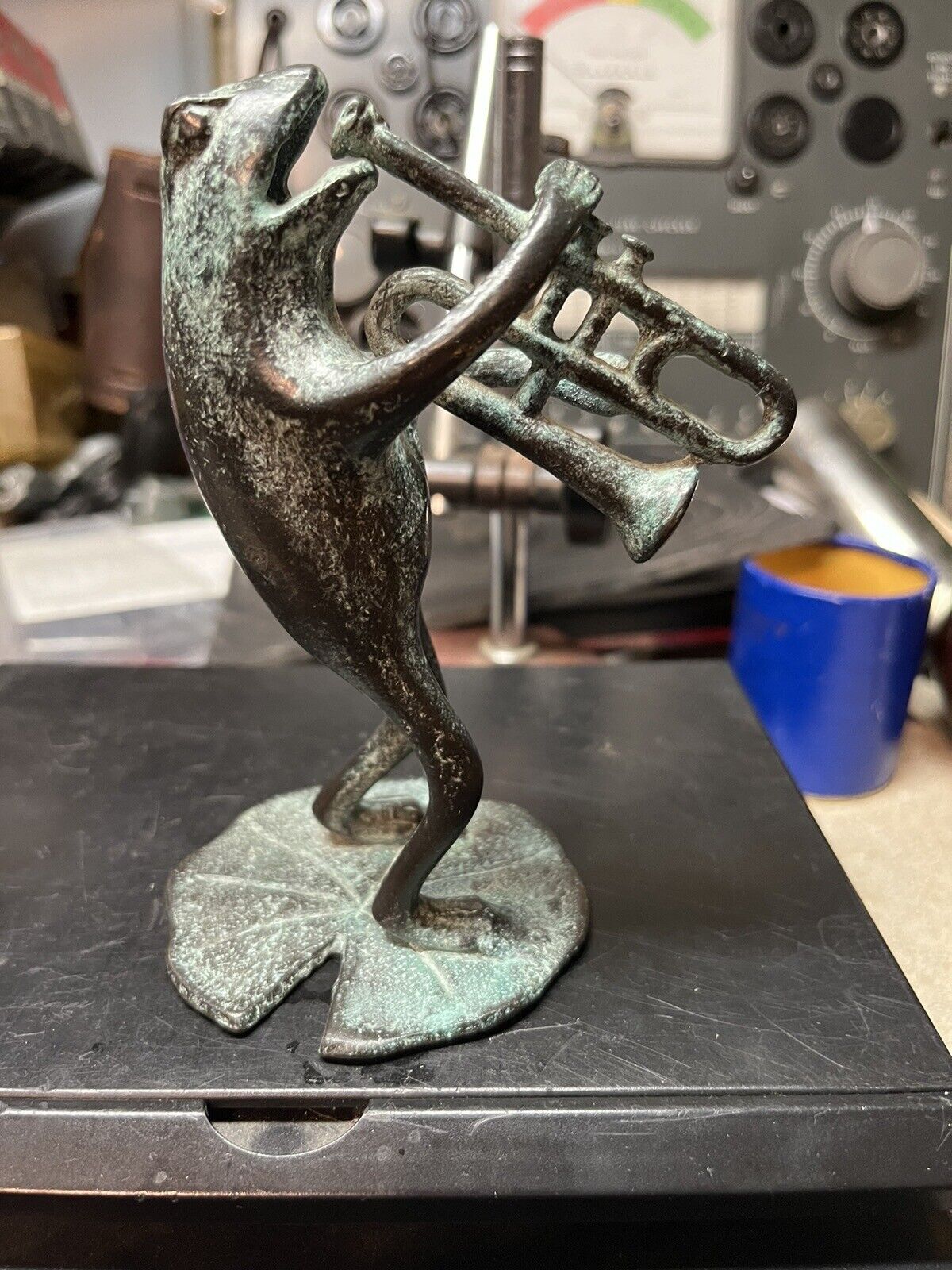 Vintage  Bronze Sculpture Jazz Musical Horn  Frog Lily Pad